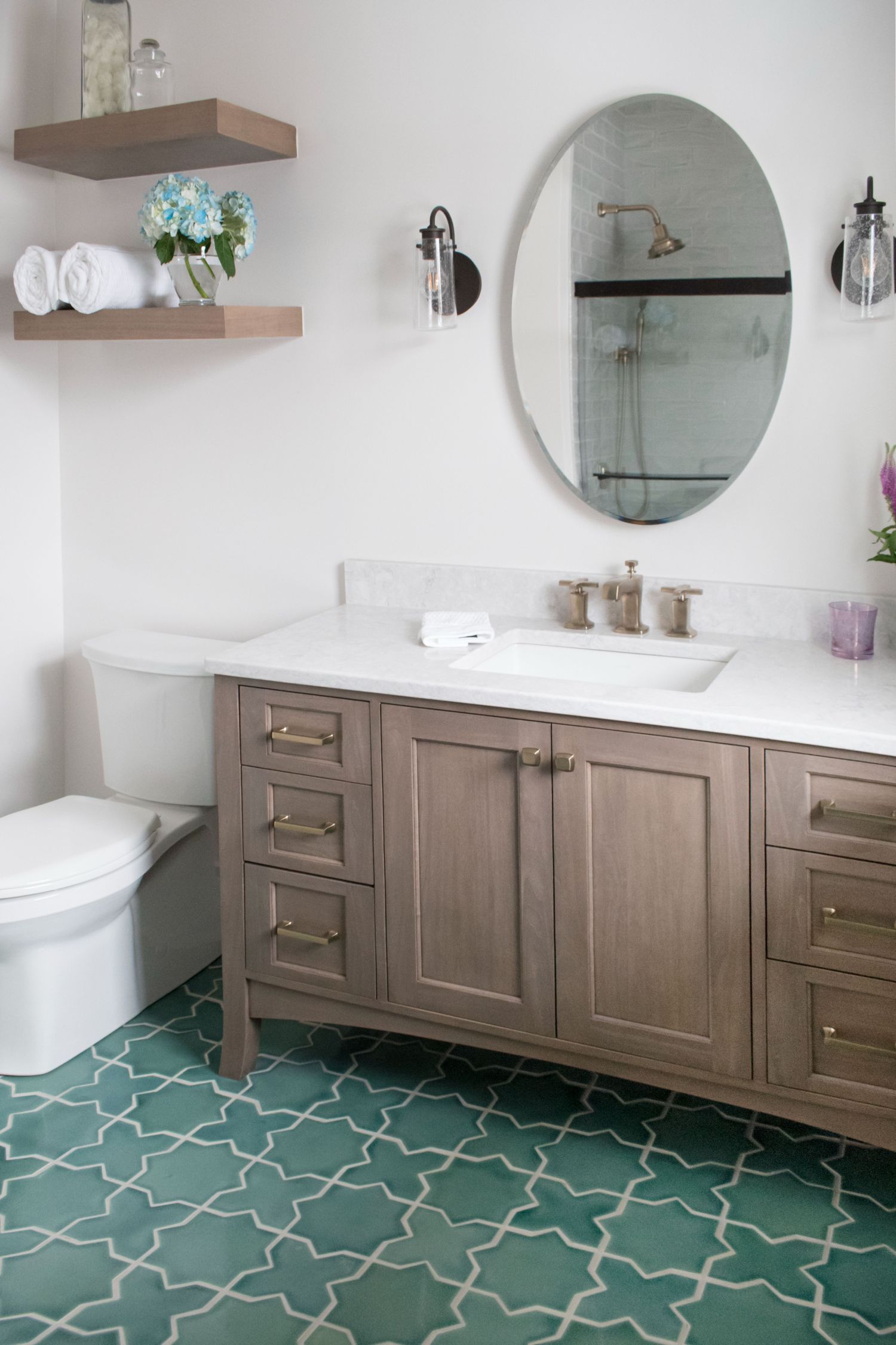 Shiloh Alder vanity in Silas finish Fireclay green floor tile in star pattern