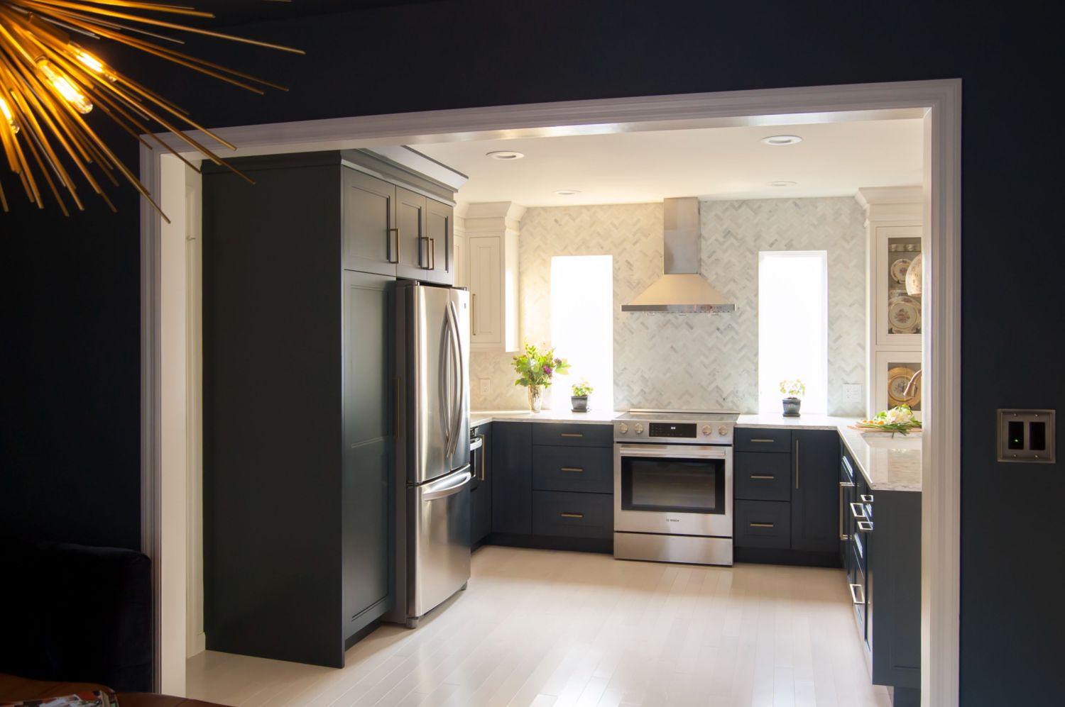 Navy and white Kitchen with Mirage Maple Nordic flooring