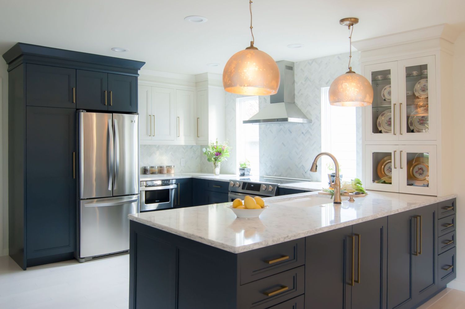 Navy and white kitchen mirage wood floors wood-mode cabinetry