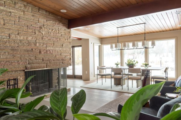 dining room and fireplace in midcentury home