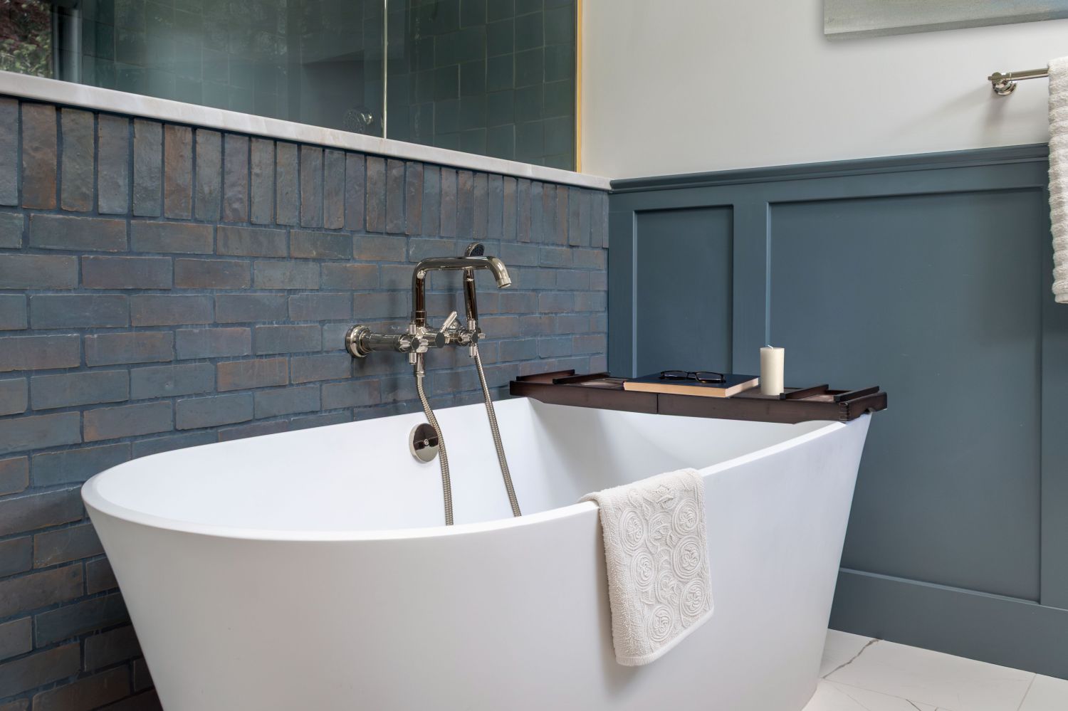 Vetralla freestanding bath with zellige wall tile and descanso faucet