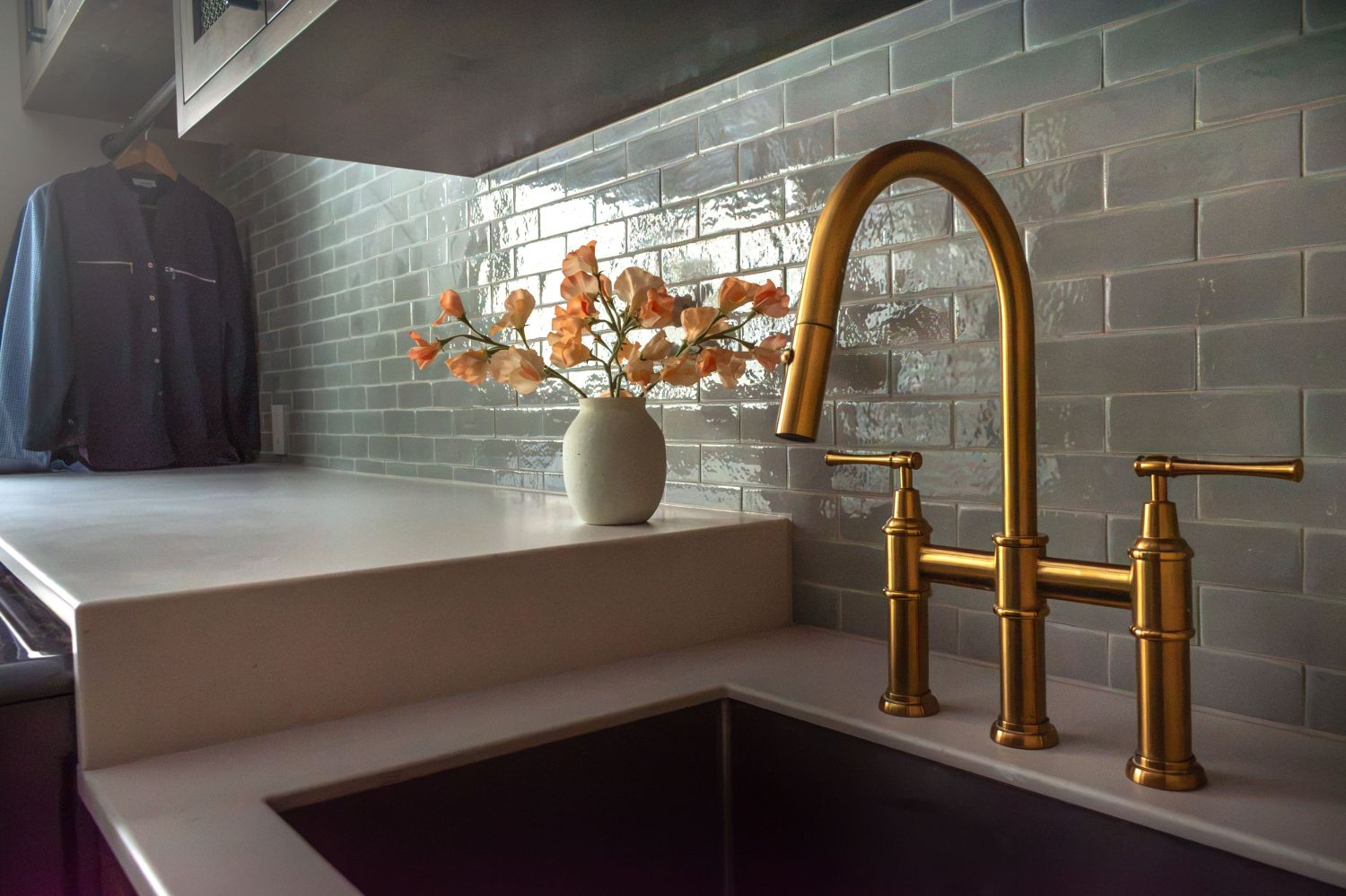 laundry room faucet Hurston with wow rebels sage backsplash tile