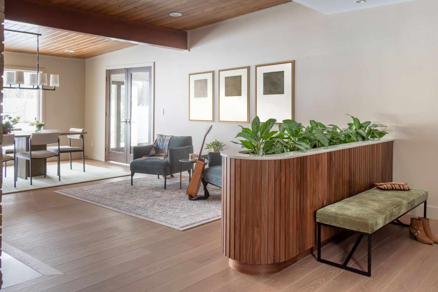 walnut planter with radiuses end in mid-century entryway