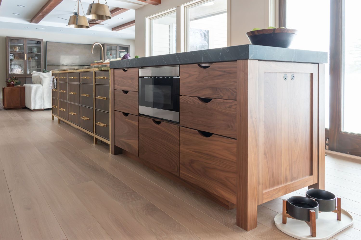 mixed material kitchen island with natural light plato woodworks