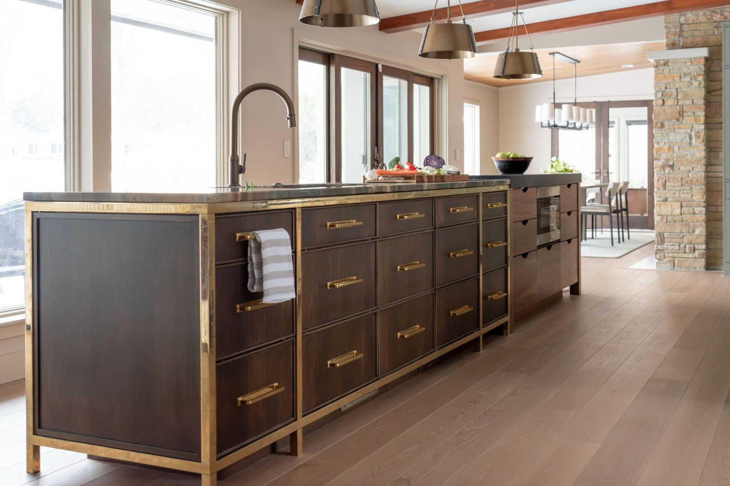 kitchen island with brass framing plato woodworks
