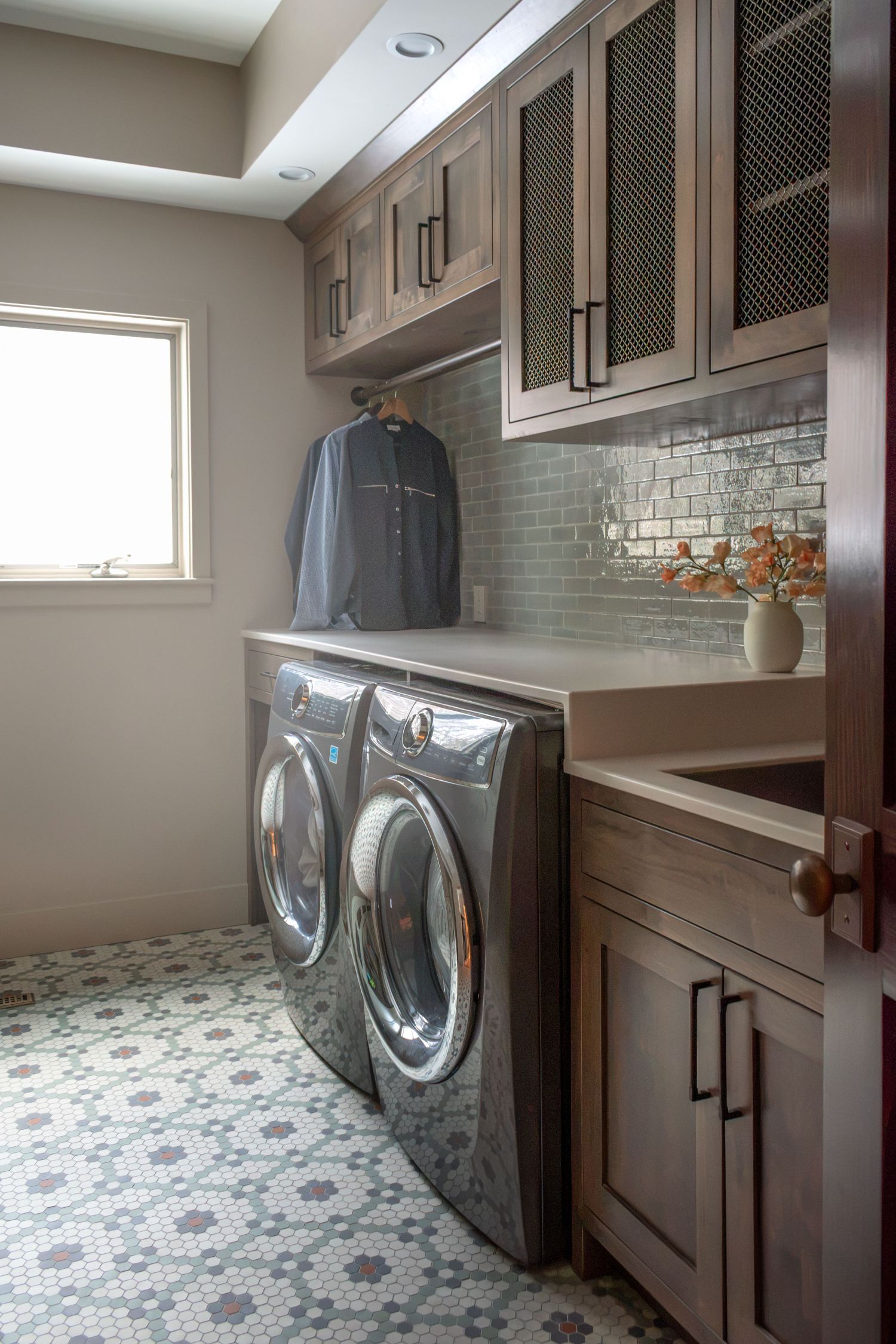 Laundry Room with custom mosaic floor by American restoration tile