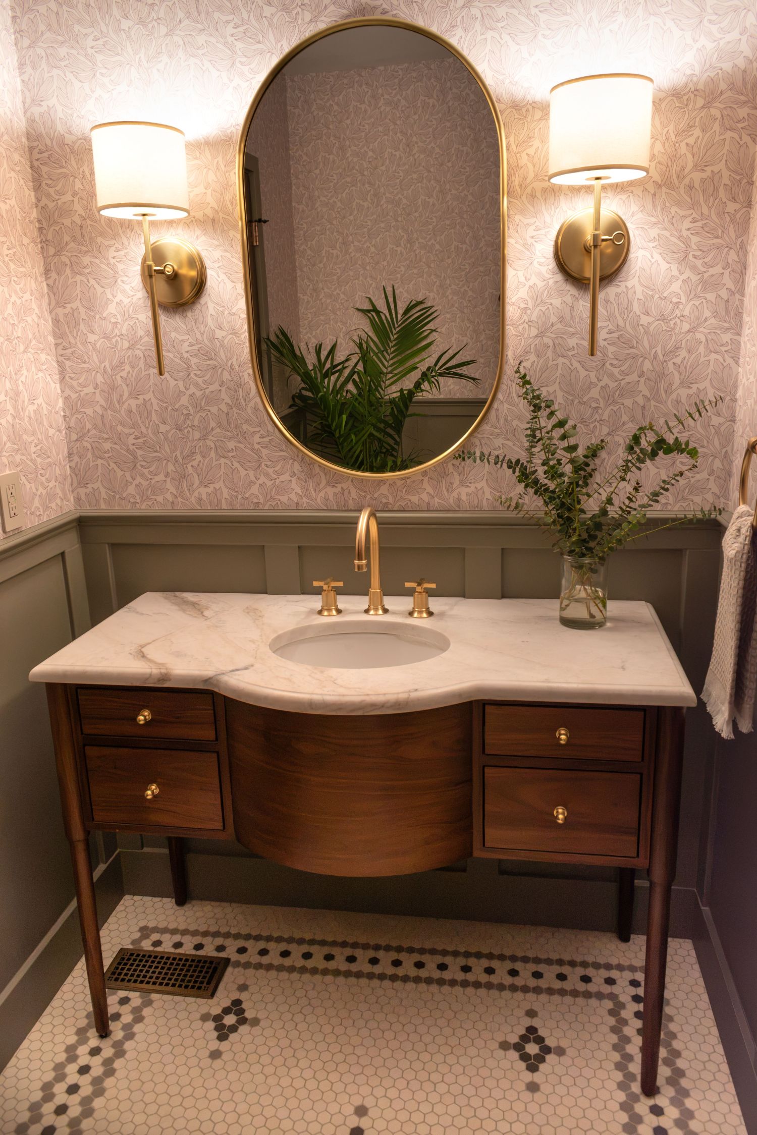 powder room vanity with mosaic floor by American restoration tile