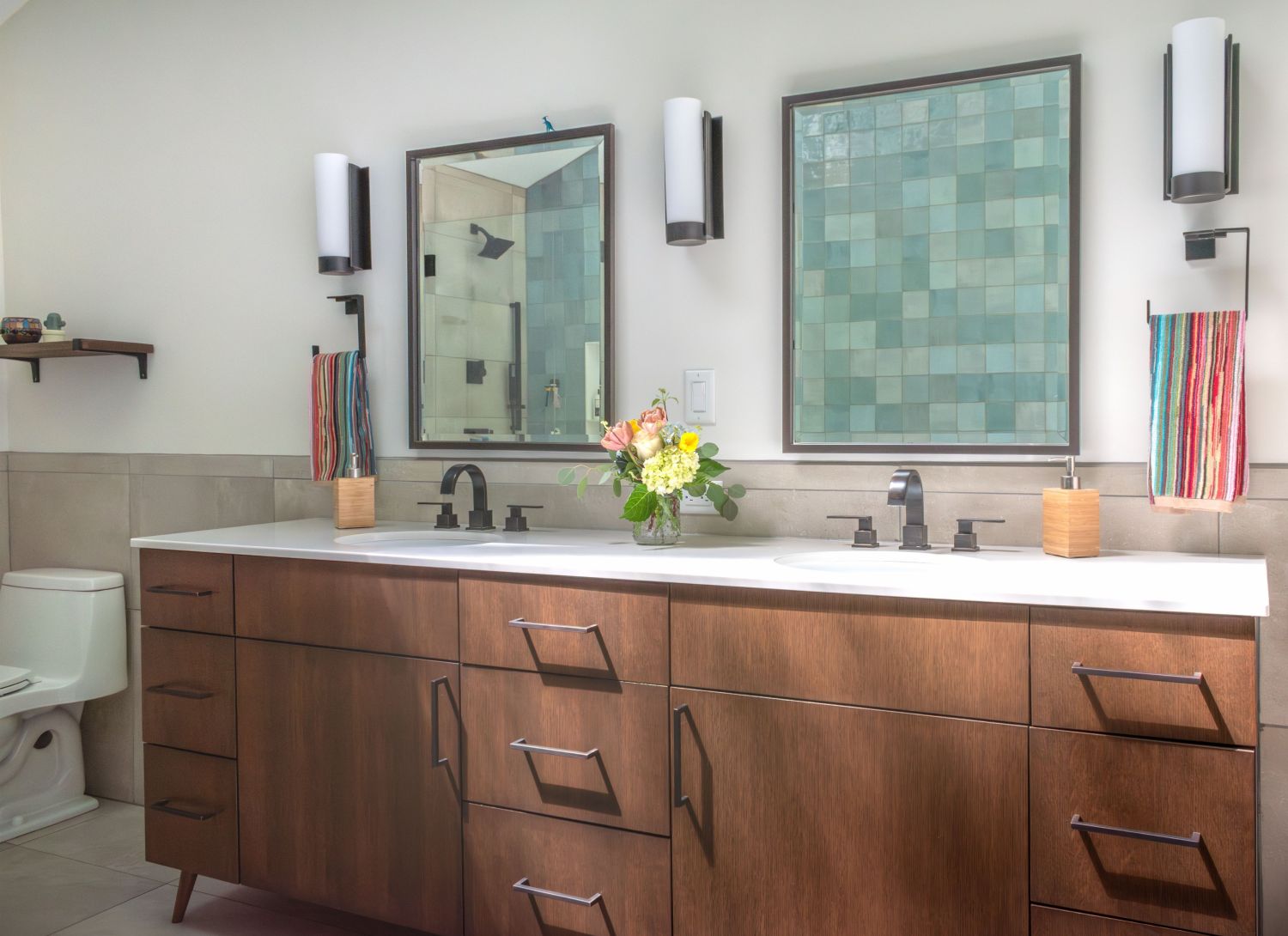 Eclipse vanity cabinet in maple with double sink in primary bath