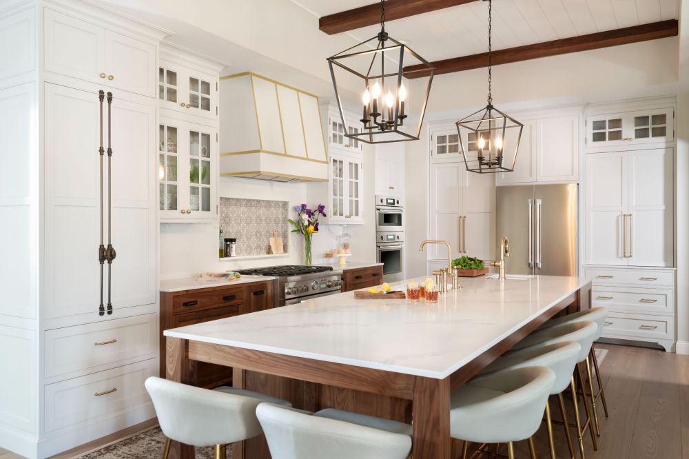plato inset cabinetry with barrel hinges hoodsley wood hood with strapping. walnut beams