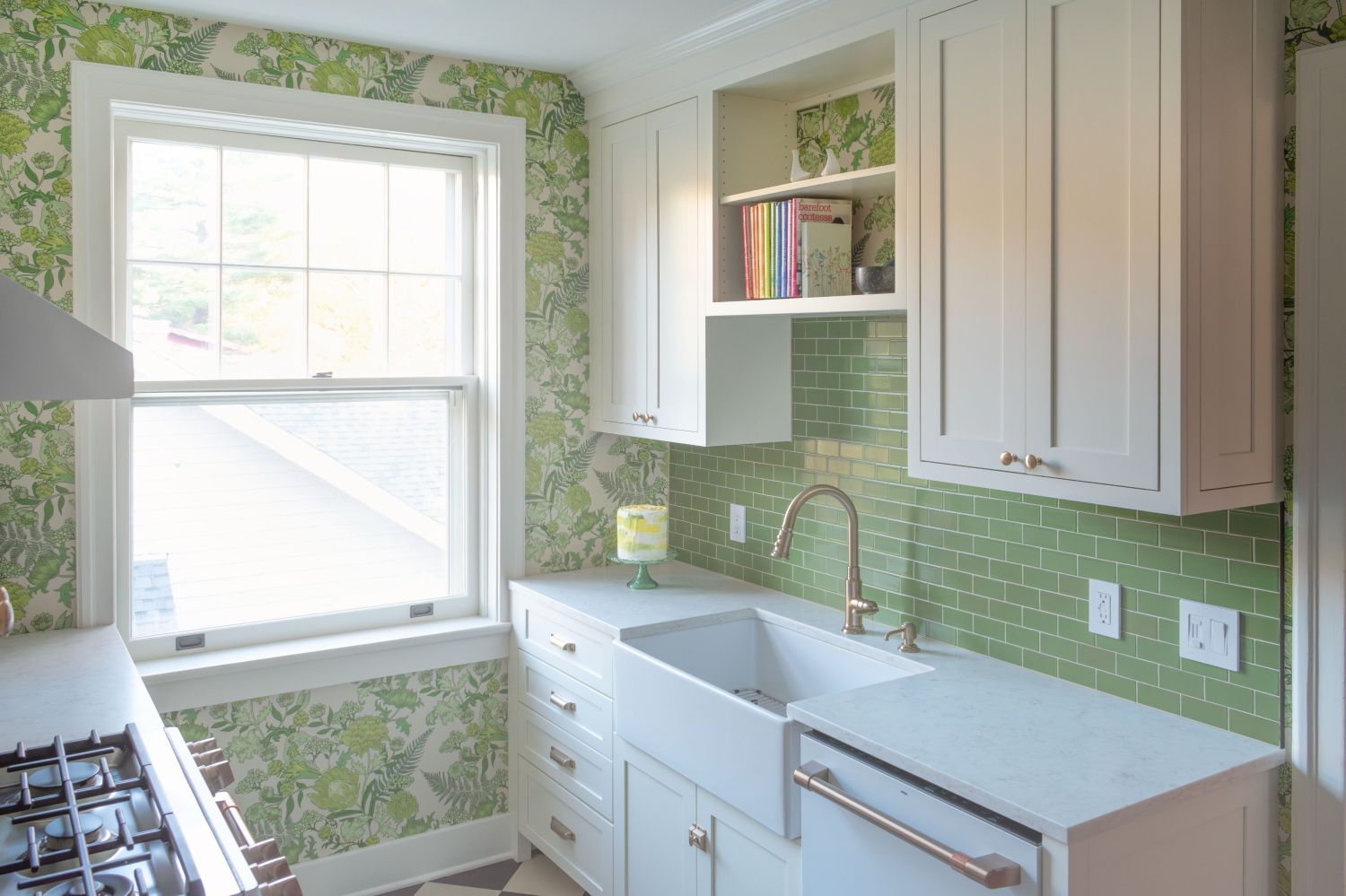 Primary bath walnut vanity with Fireclay epytian blue wall tile round mirror rejuvenation rigdon wall sconces