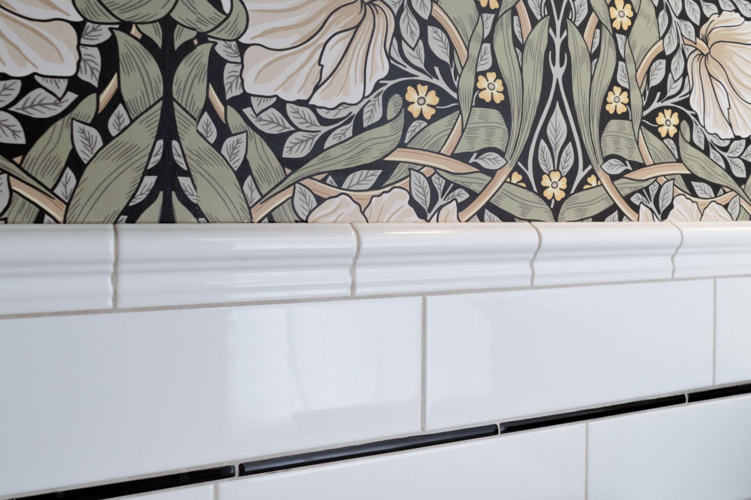 delray wall tile with cap and spoonflower wallpaper in classic bathroom