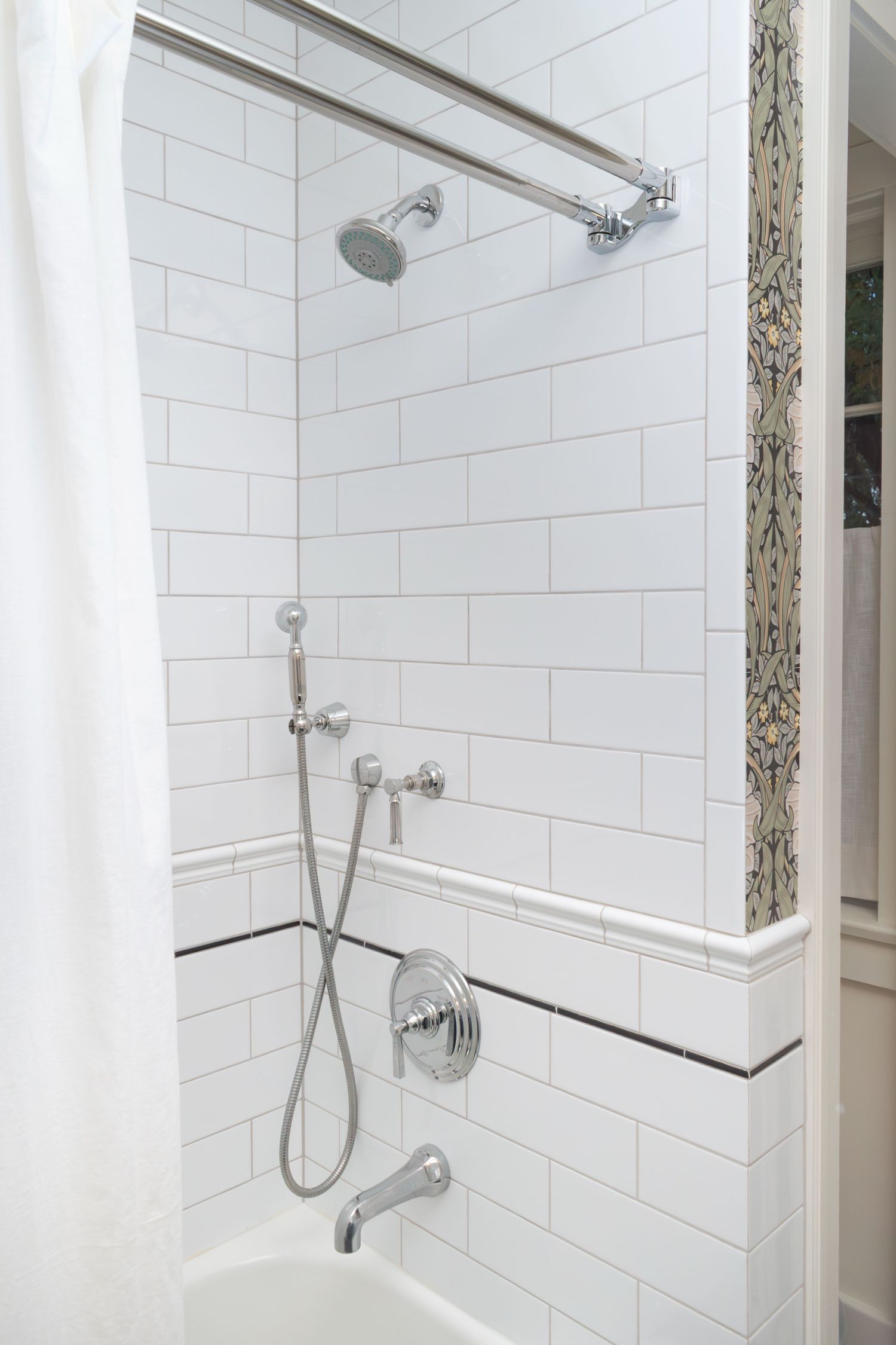 delray tile  and Newport brass shower faucet in historic bathroom