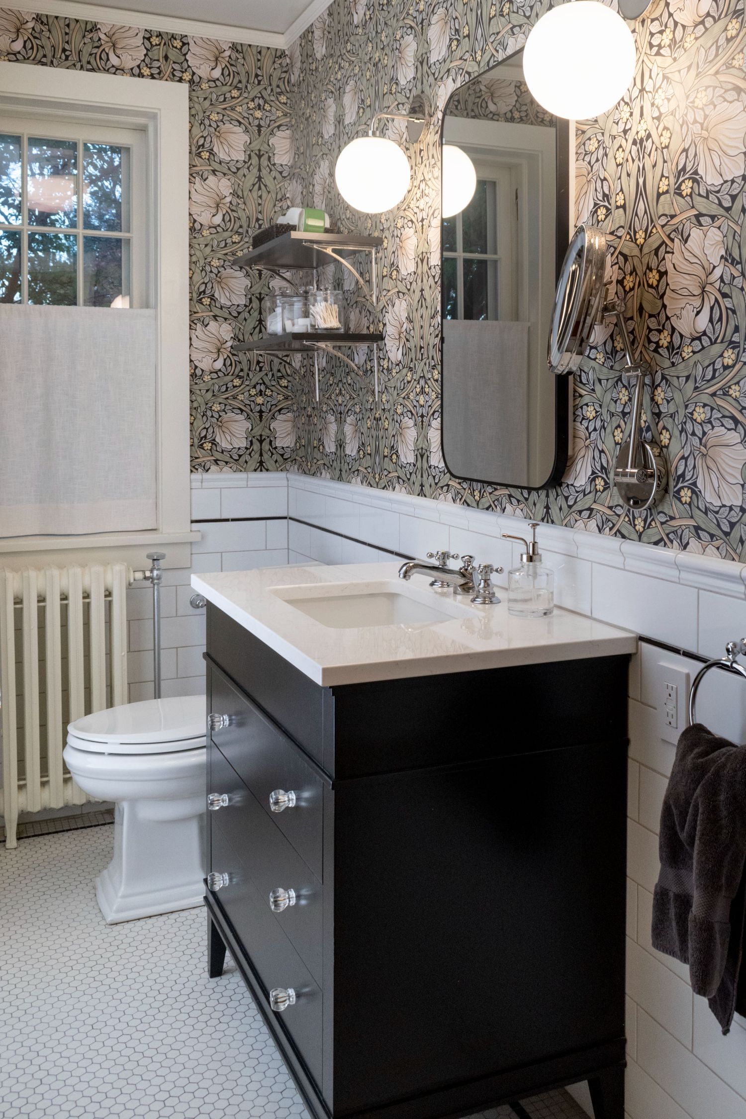 Shiloh vanity cabinet in William morris inspired bathroom  with spoonflower wallpaper