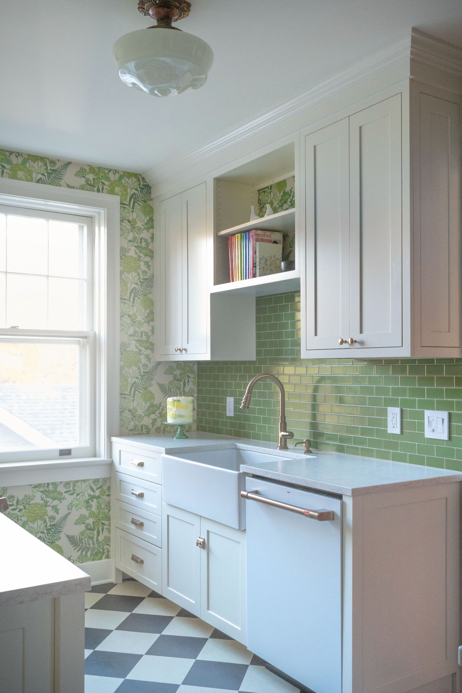 kitchen with apron sink shiloh and eclipse paned cabinetry heath verde backsplash tile in historic coop apartment schoolhouse ceiling light