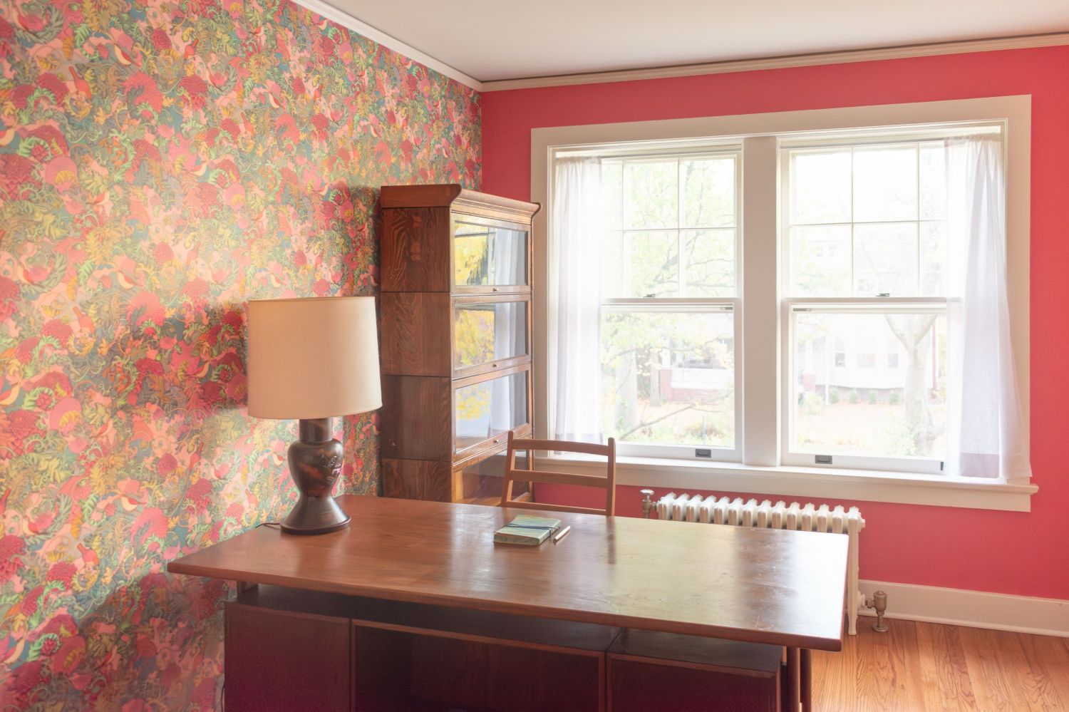 desk in private study with spoonflower wallpaper in historic coop apartment