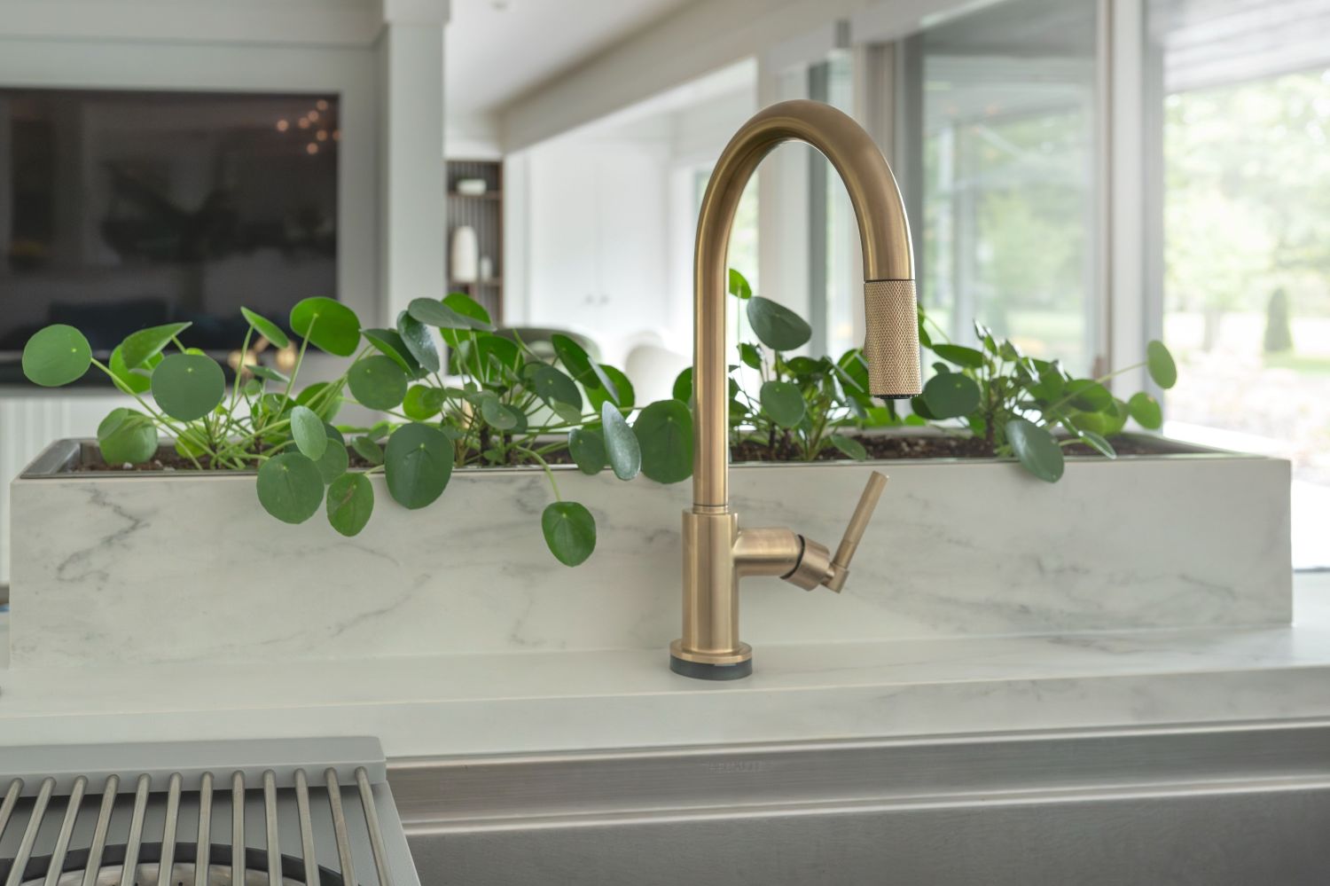 Brizo faucet with galley sink and porcelain tops in modern kitchen