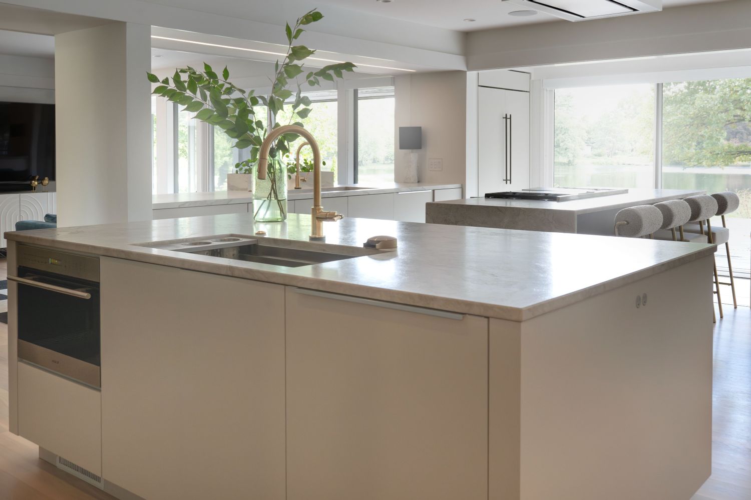 kitchen island with integrated dishwasher and microwave drawer plato woodworks modern light filled kitchen