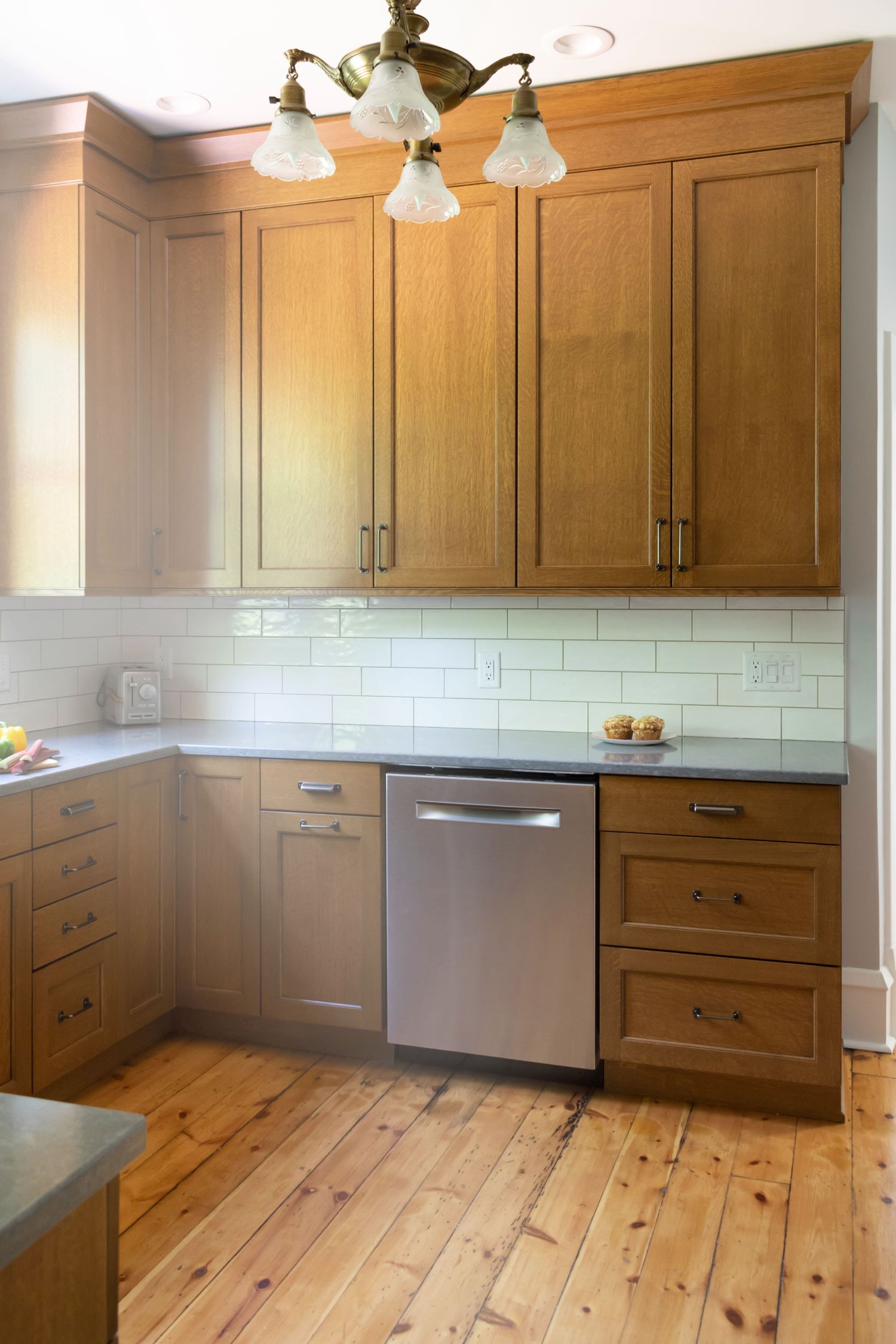 quartseawn white oak kitchen in historic home with original floors