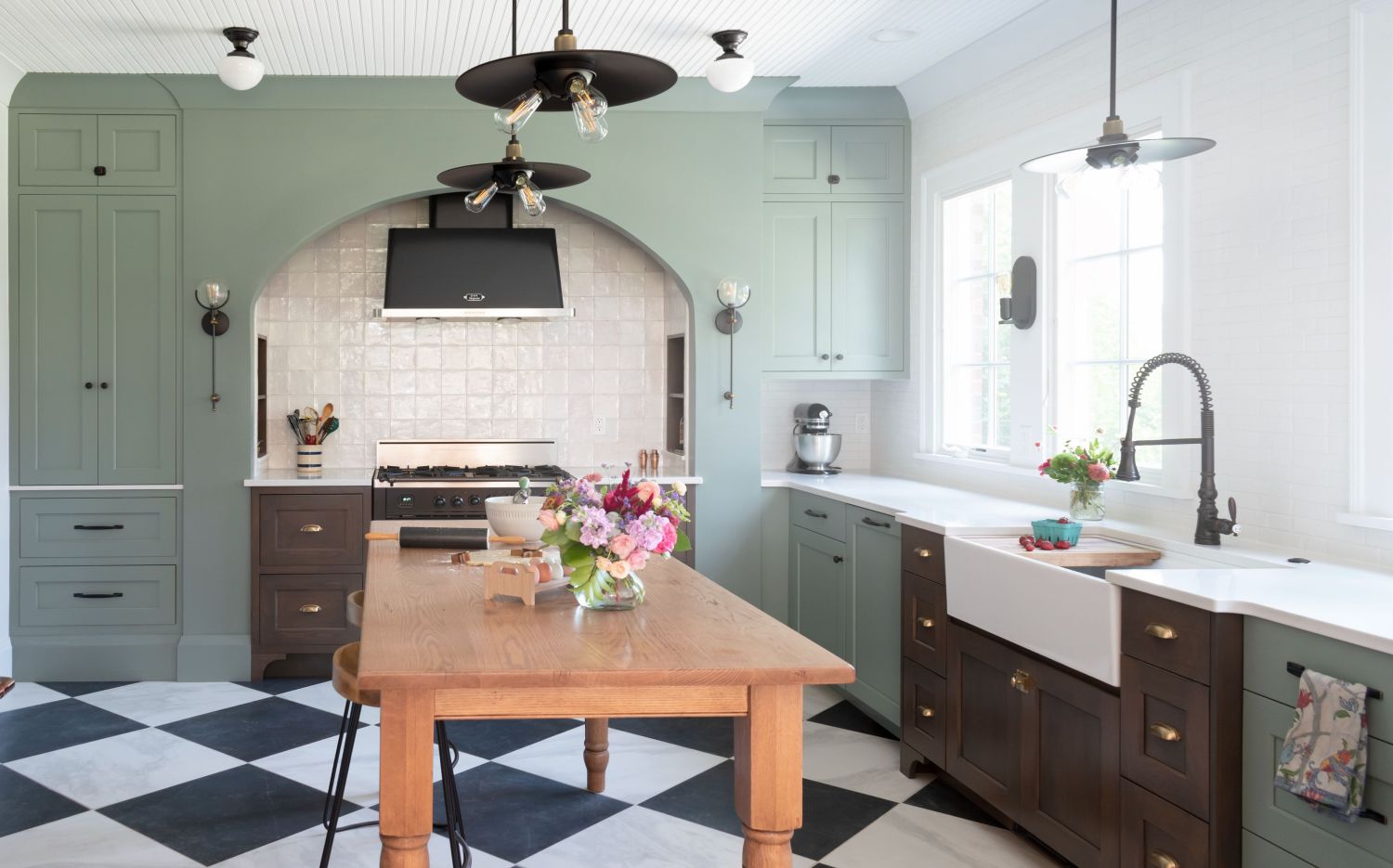 1920s farmhouse renovation - baker's table, ILVE appliances, checkered floor, RH lighting