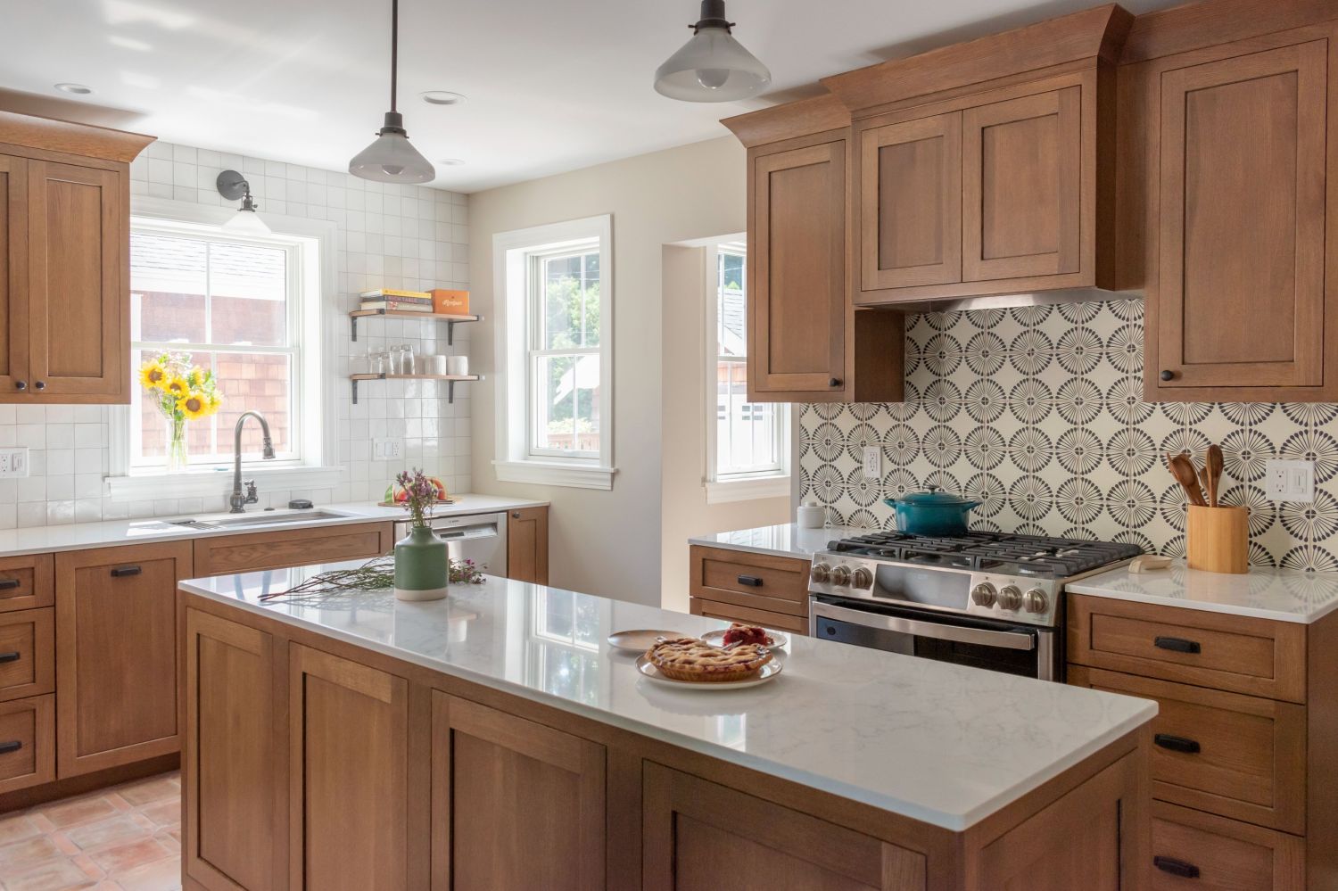Renovated kitchen opened up to flow - Zellige, Kohler Artifacts, Ruvati Roma, White Oak Cabinetry