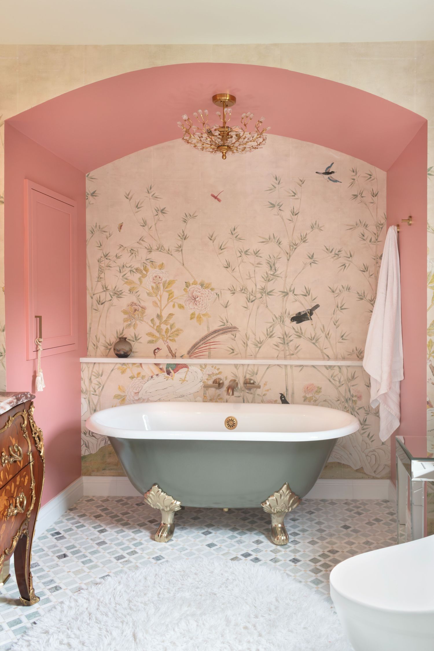 Barclay Dawson Tub Crystorama Brielle Brizo Kinzu faucet Ardmore mural panels primary bath