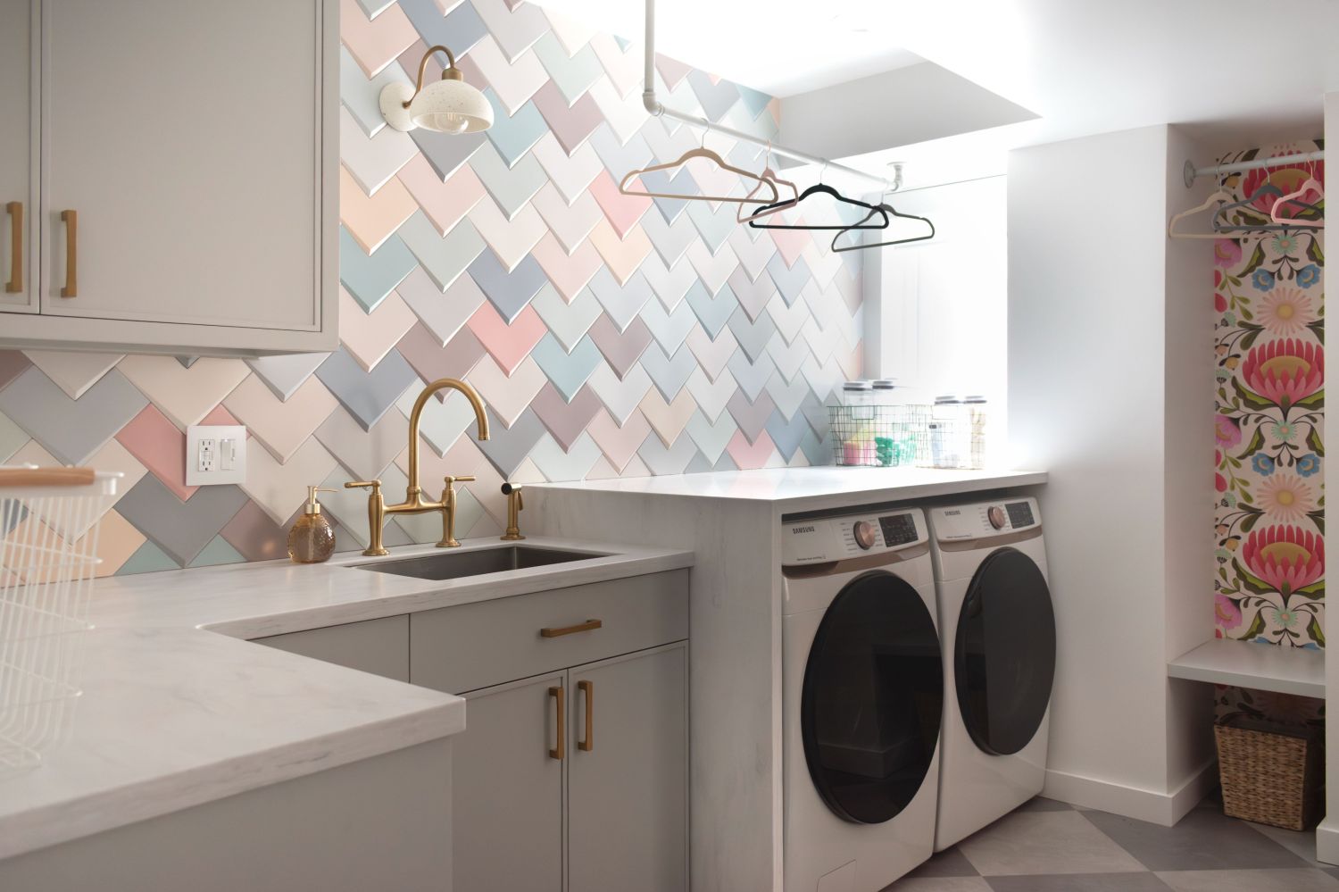 Bright colorful laundry room with gray painted cabinetry WOW boho mix Elle 8x8 wall tile