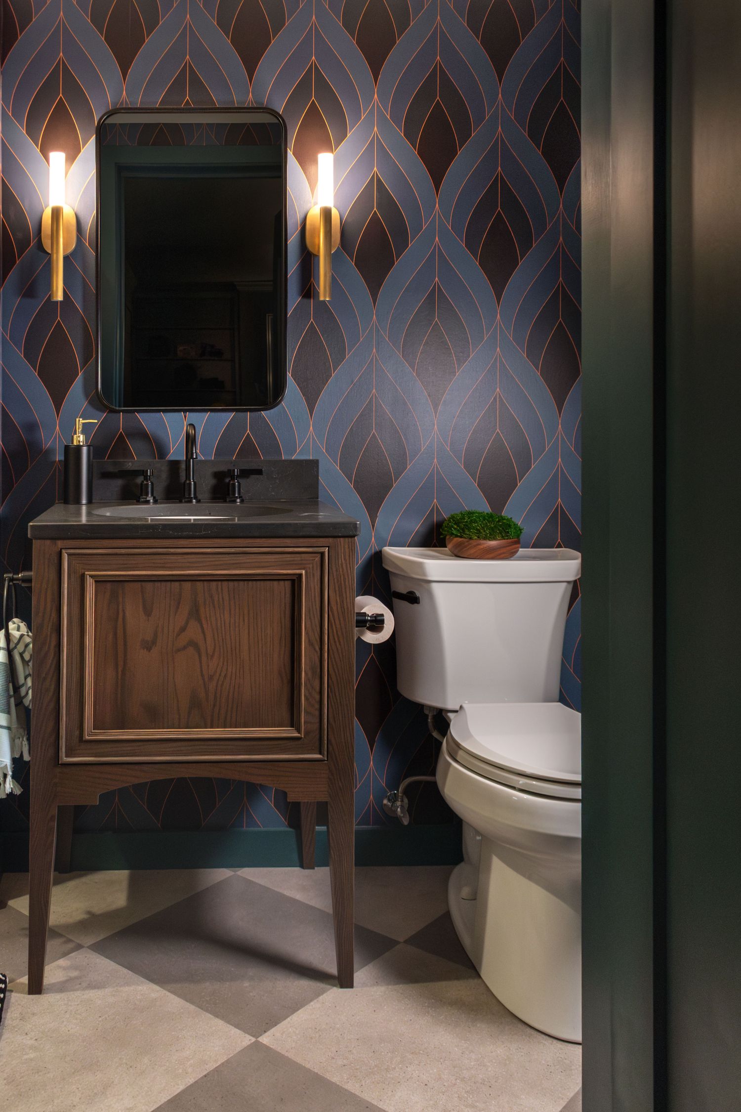 Shiloh vanity with art deco blossoms wallpaper in basement bath