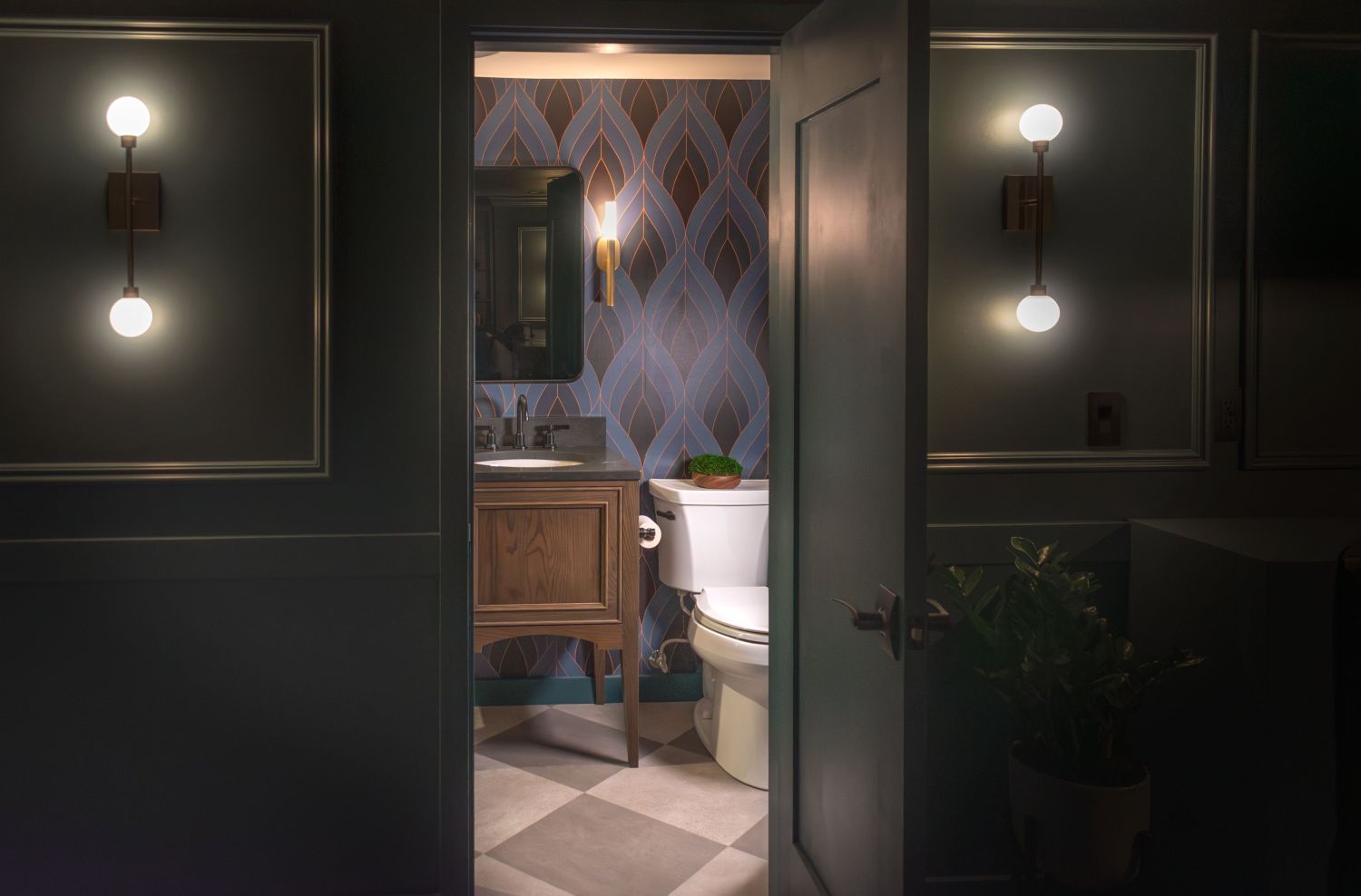 Basement bathroom with Mara Wall sconce