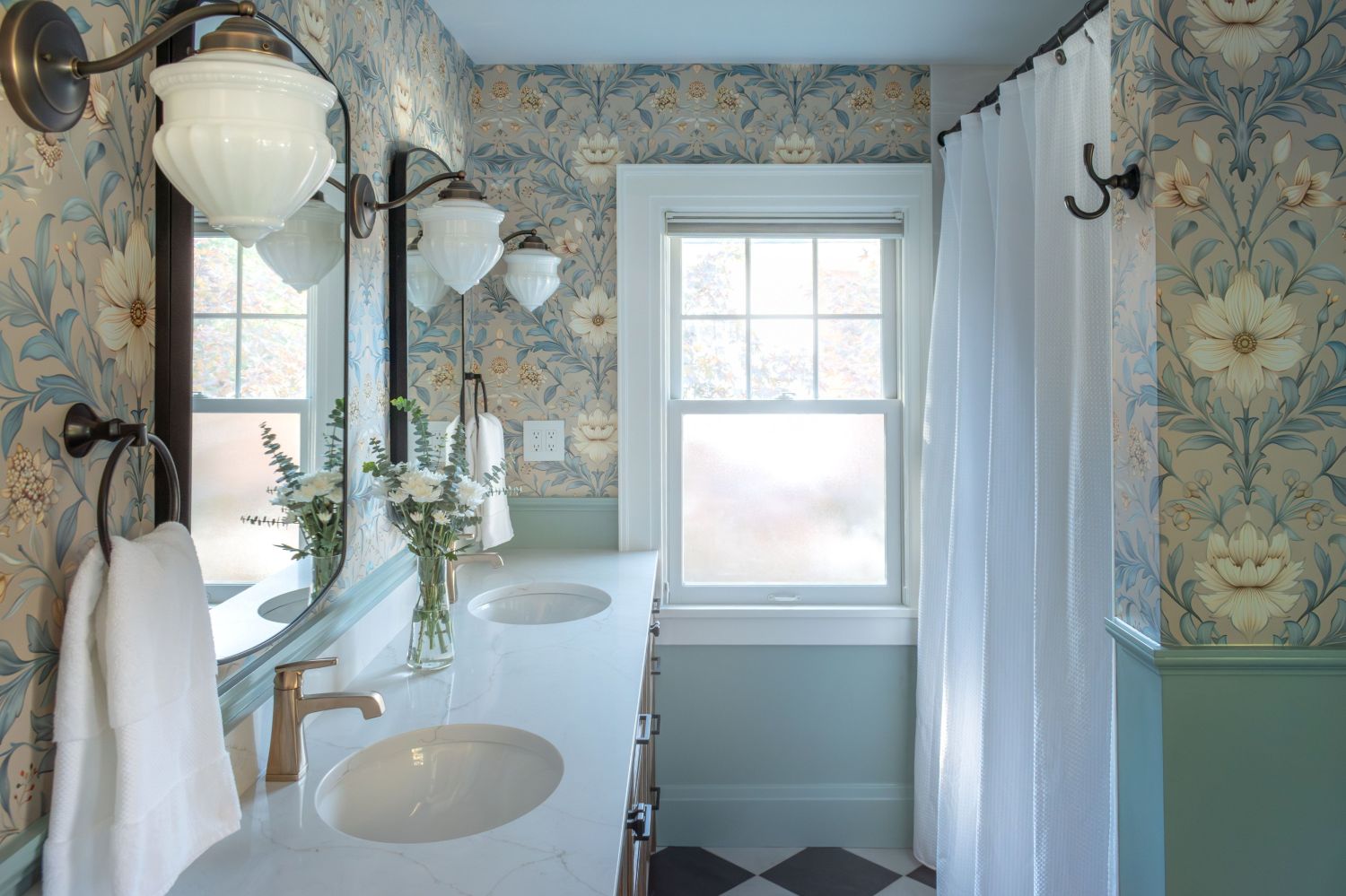narrow bathroom with spoonflower wallpaper in historic home