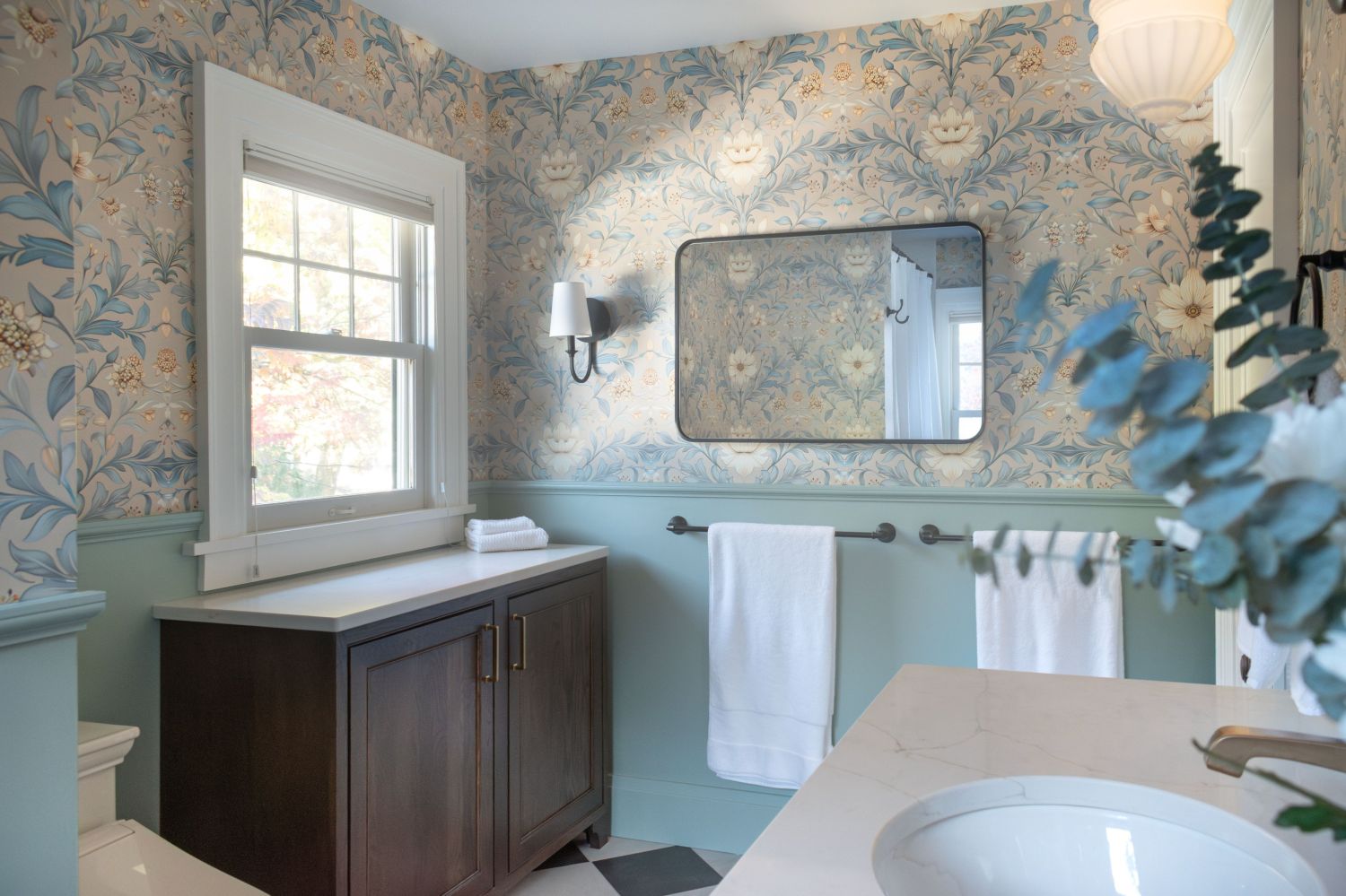 shiloh inset cabinet in bathroom spoonflower wallpaper