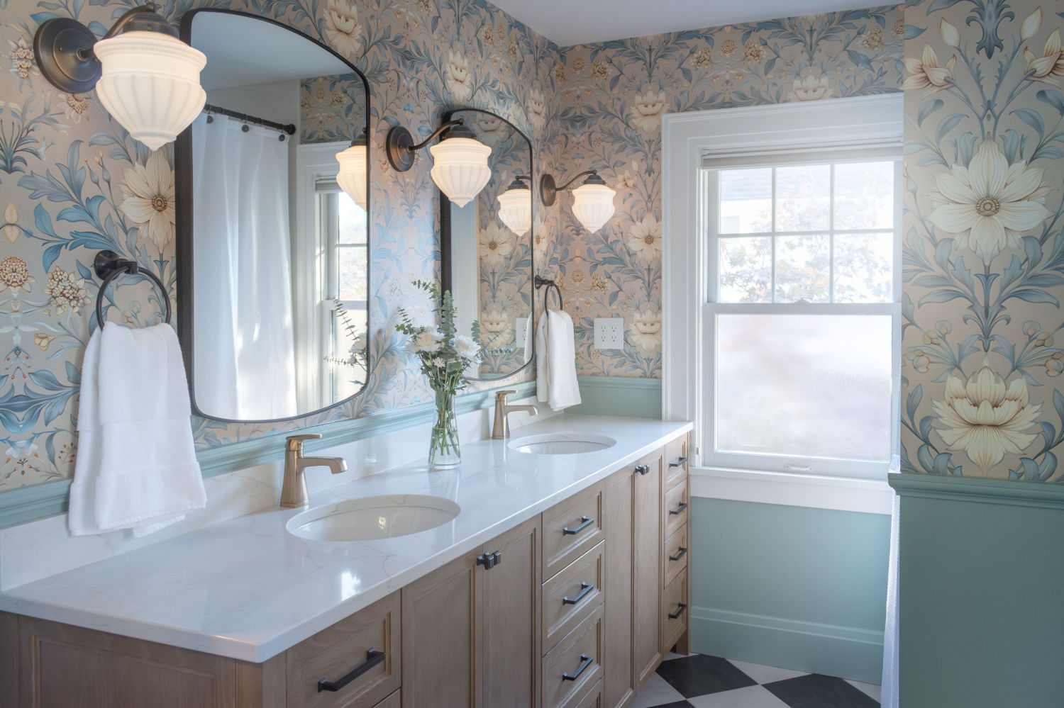 Shiloh White oak double vanity with wall sconces in bathroom