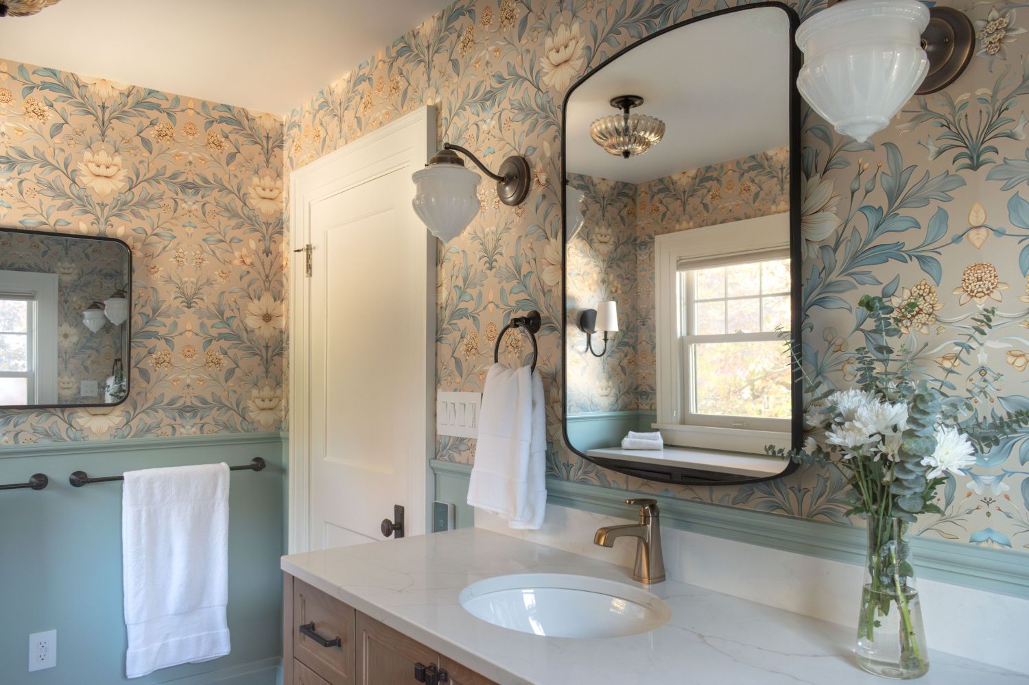 bathroom with spoonflower wallpaper in historic home