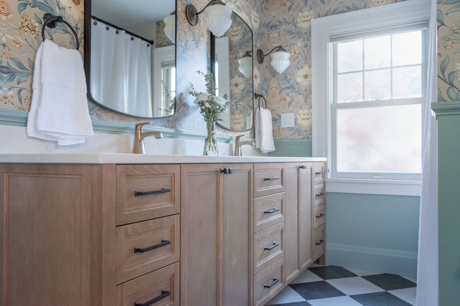 shiloh whatever oak vanity with black and white checkered flooring in bathroom in historic home