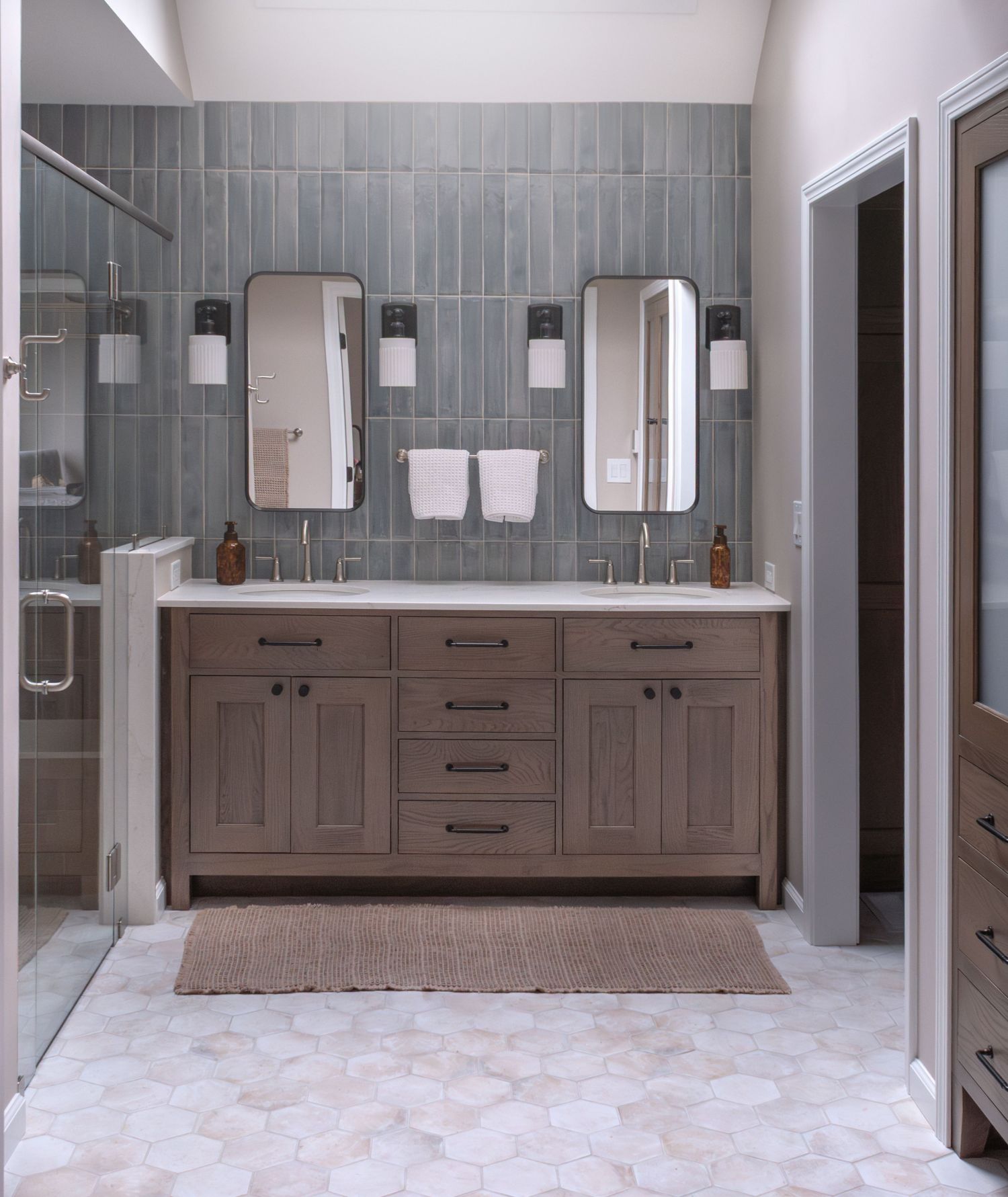 Shiloh inset white oak vanity with ostara Dawn tops rounded edge mirrors with wall sconces
