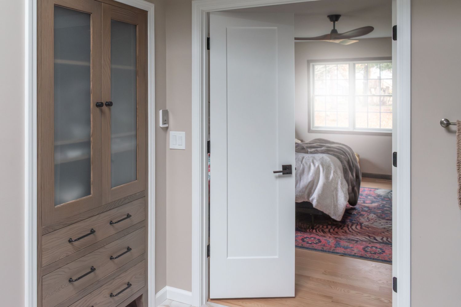 Shiloh built in linen closet inset with frosted glass