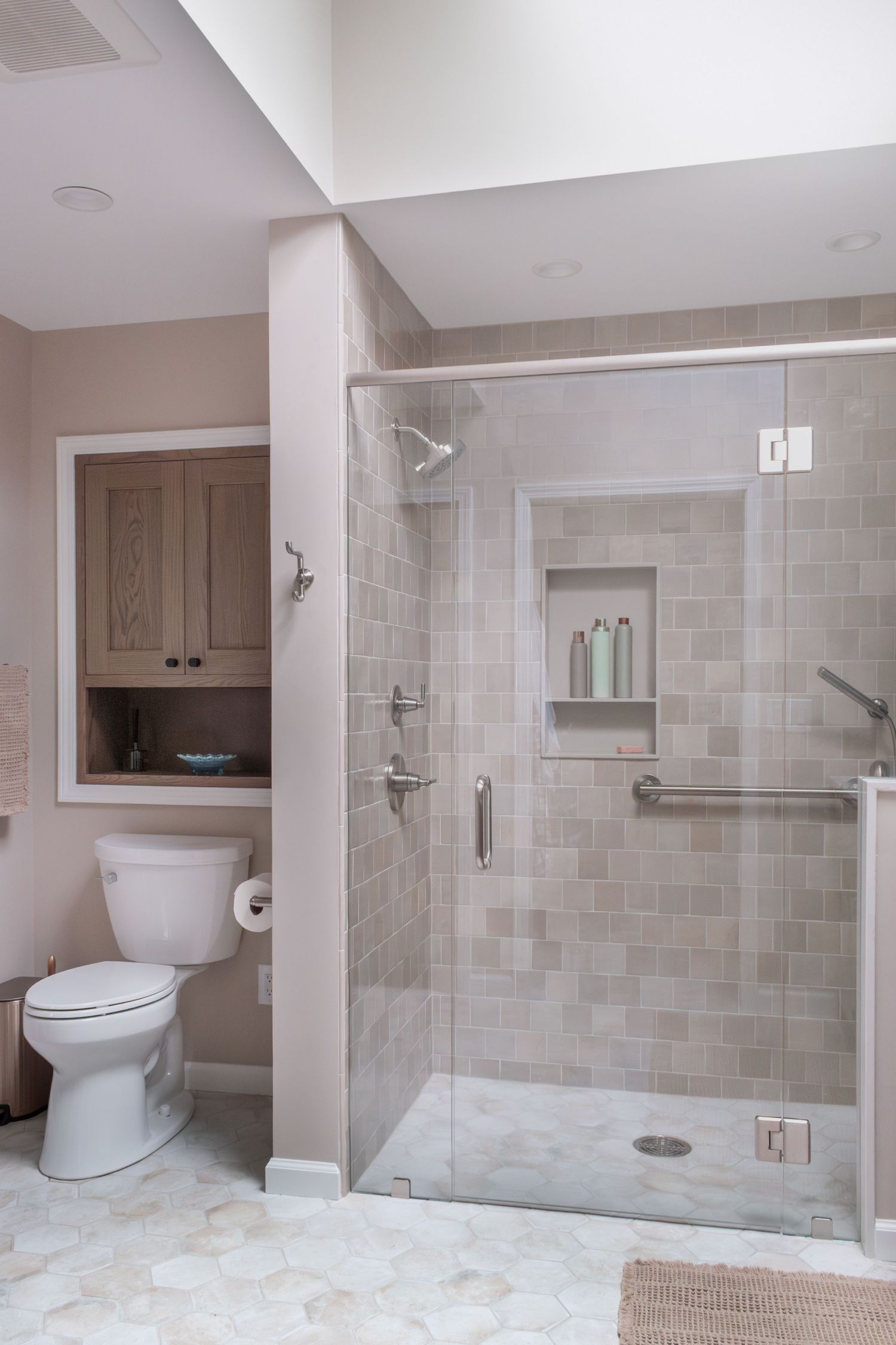 Barrier Free shower with WOW cottage white hex floor tile and Zellige wall tile
