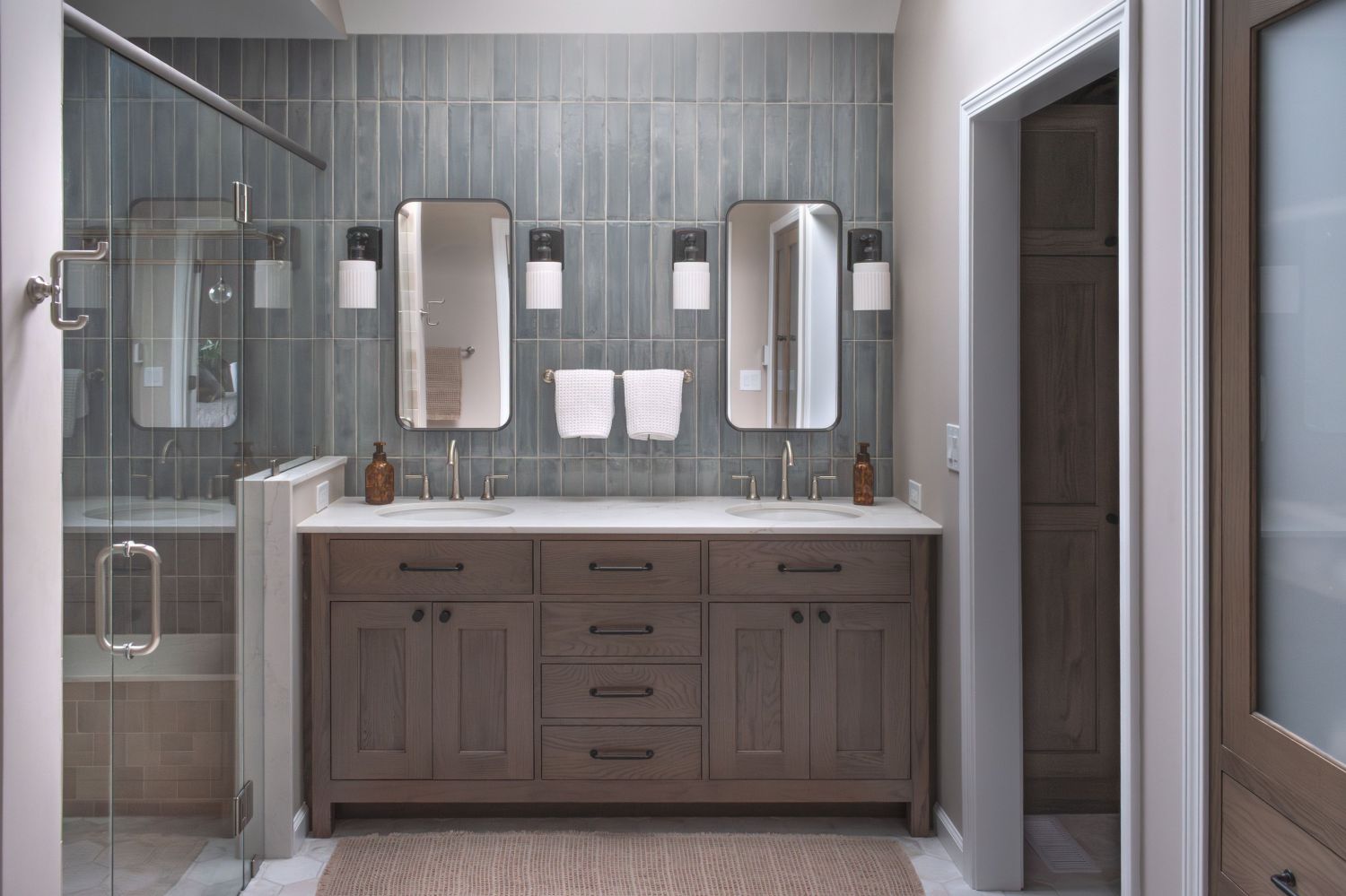 Shiloh White oak double vanity ostara Dawn quartz tops Delta Saylor faucets
