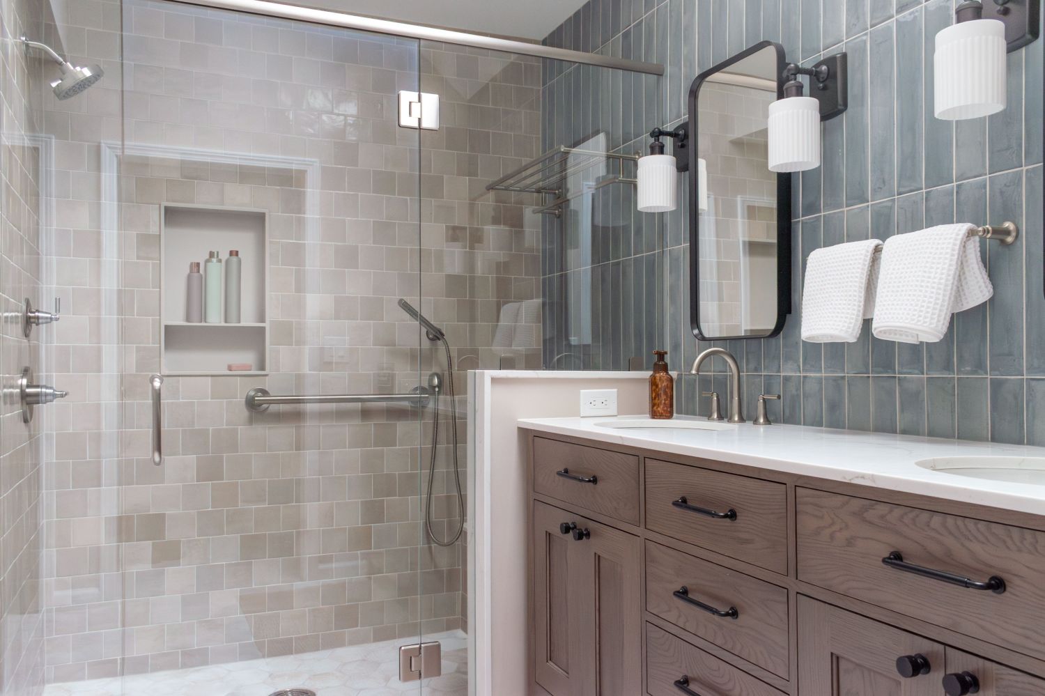 barrier free shower with Shiloh vanity Zellige wall tile Delta Saylor faucets
